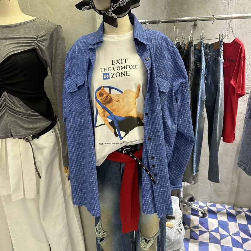 AMOUR韓國東大門代購女裝新款休閑熱賣人氣襯衫蕾絲衫格子AMOUR襯衫/蕾絲衫