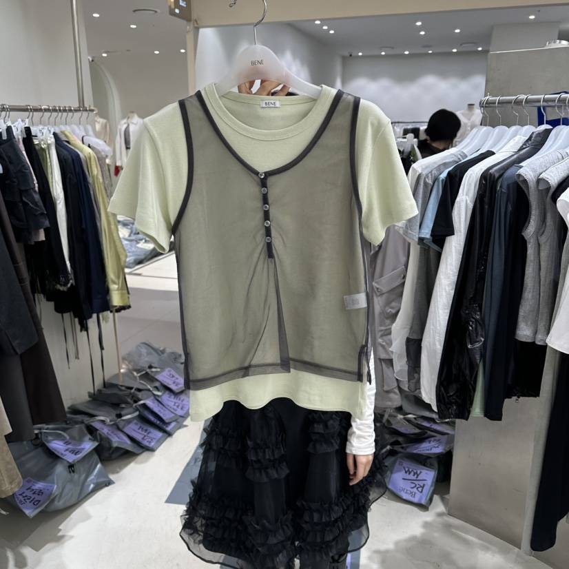 BENE韓國東大門代購女裝新品推薦時尚休閑26春夏T恤假兩件網眼BENET恤