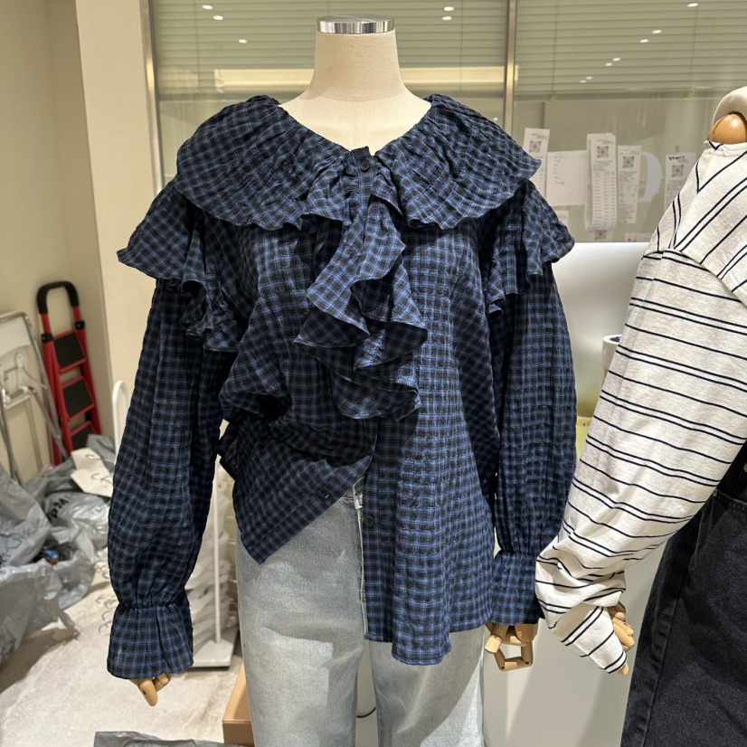 MOREMORE韓國東大門直郵女士新品26春夏休閑襯衫蕾絲衫格子more more襯衫/蕾絲衫