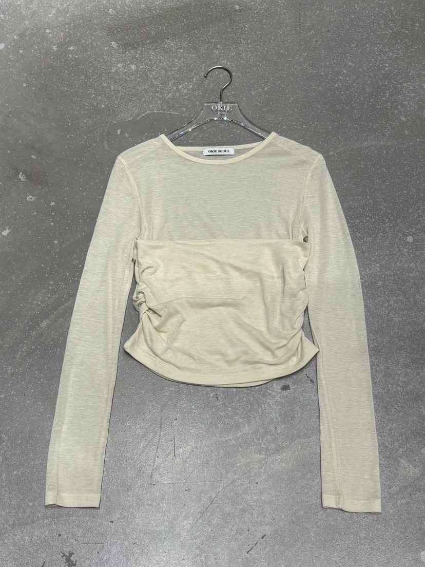 OKIE韓國東大門直郵女裝新品時尚休閑長袖T恤假兩件透明褶皺OKIE長袖T恤