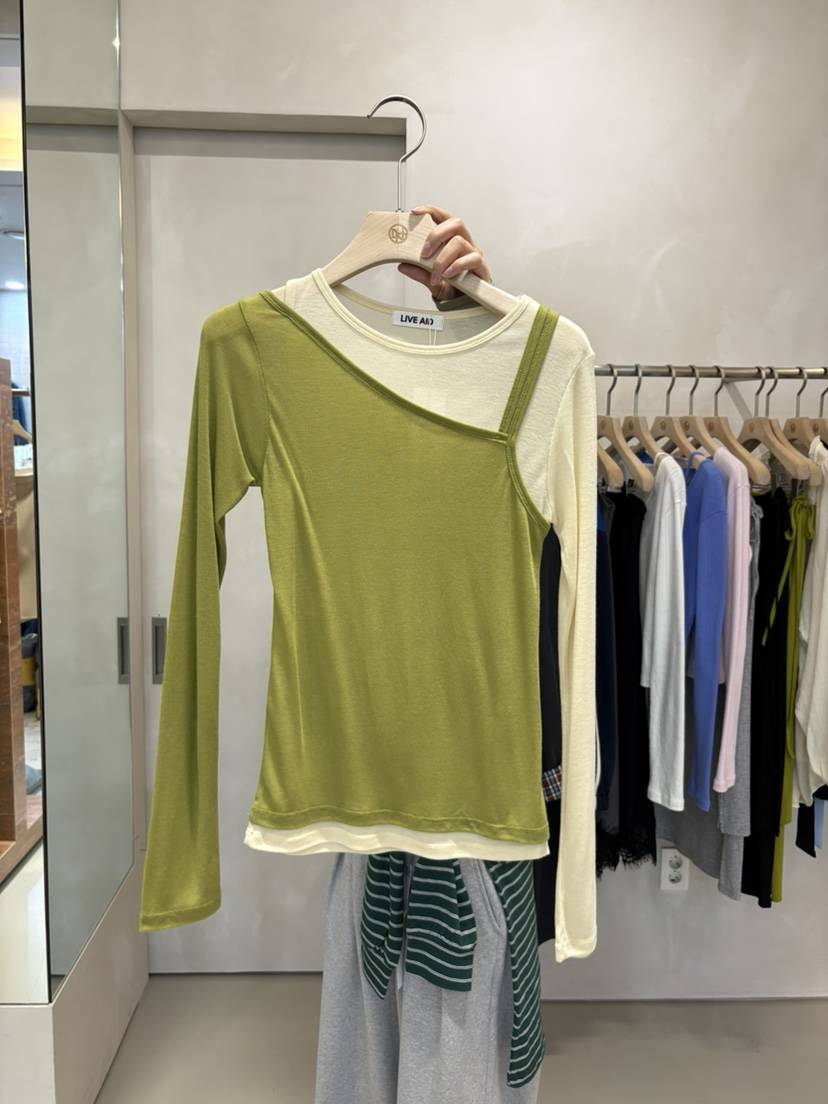 LIVE AID-P韓國直郵女士新品人氣熱賣推薦長袖T恤假兩件LIVE AID-P長袖T恤