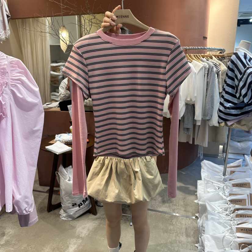 MIENNE韓國直郵女裝新款休閑推薦時尚職業長袖T恤假兩件條紋MIENNE長袖T恤