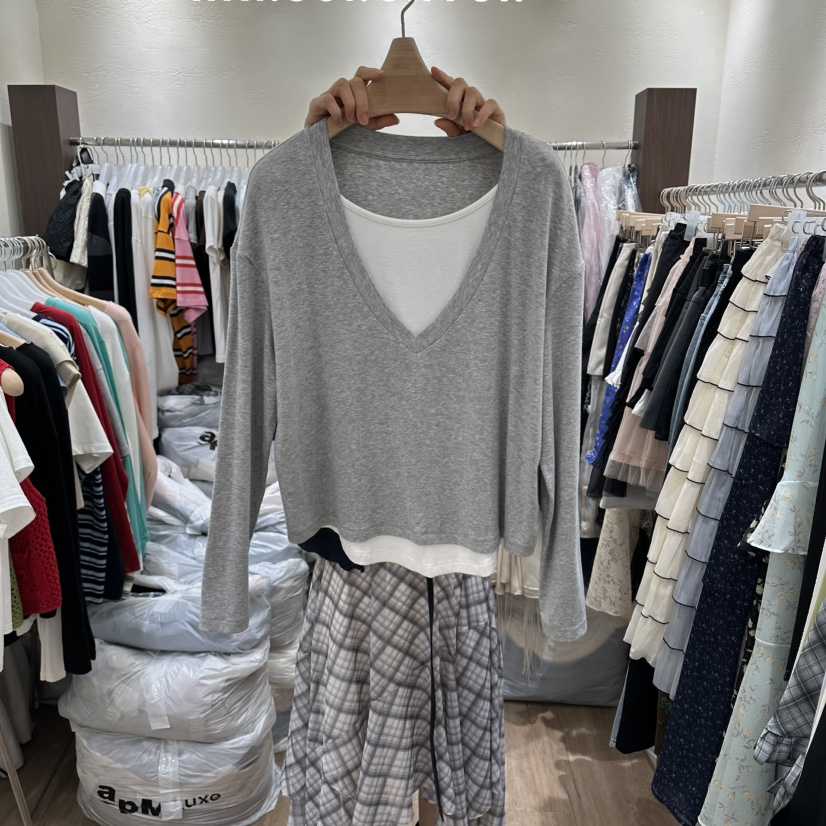 HANSUNGHYUN韓國東大門直郵女士新款時尚長袖T恤假兩件V領HANSUNGHYUN長袖T恤