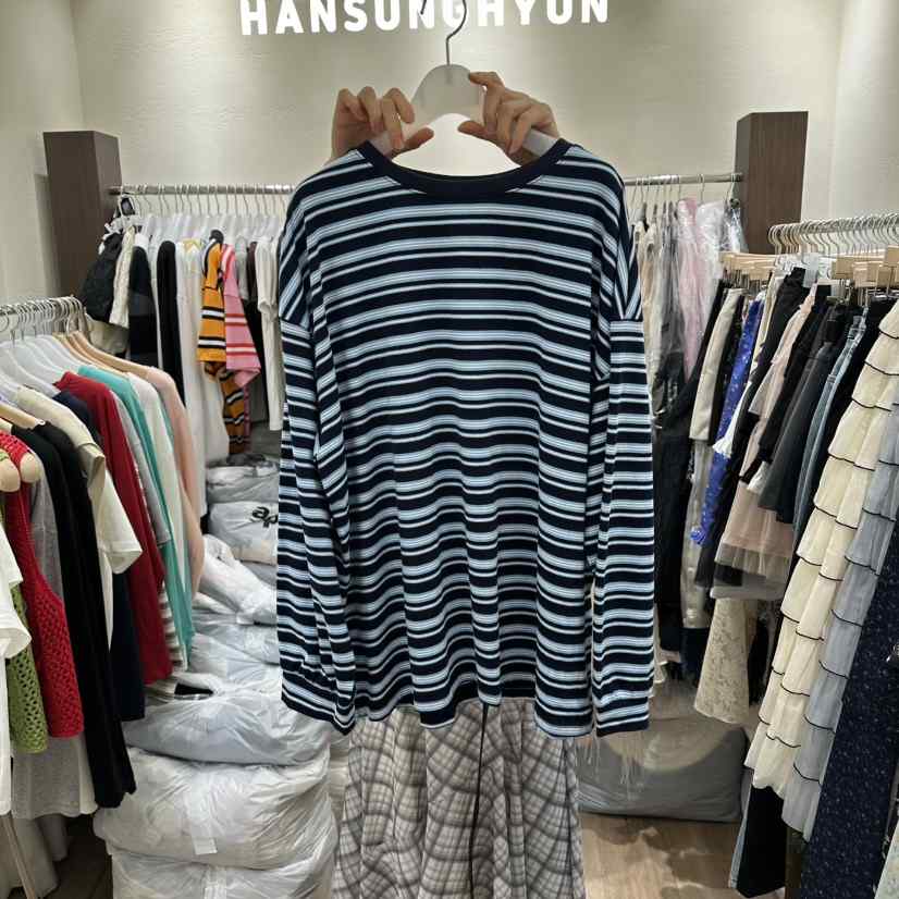 HANSUNGHYUN韓國直郵女裝新品休閑人氣26春夏長袖T恤寬松條紋HANSUNGHYUN長袖T恤