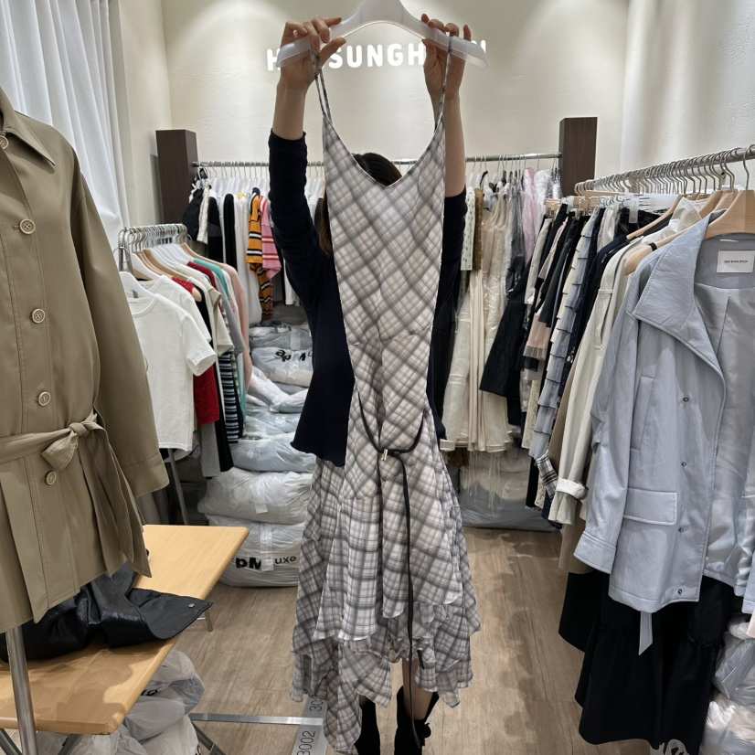 HANSUNGHYUN韓國代購女士新品人氣連衣裙含腰帶套裝格紋雪紡HANSUNGHYUN連衣裙
