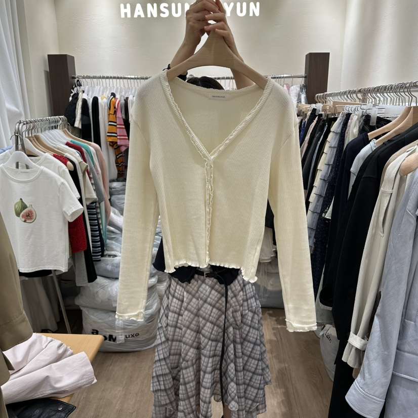 HANSUNGHYUN東大門代購女裝新品人氣針織衫荷葉邊V領開衫HANSUNGHYUN針織衫