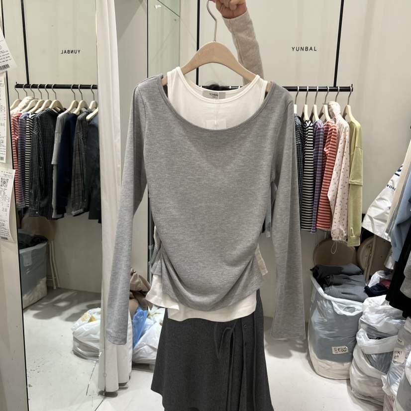 YUNBAL韓國直郵女裝新款時尚人氣休閑職業26春夏長袖T恤假兩件YUNBAL長袖T恤