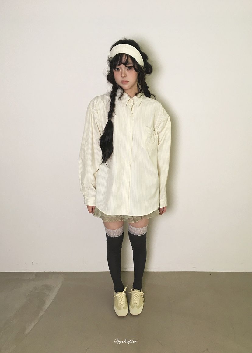 BY CHAPTER韓國東大門代購女士新款職業襯衫蕾絲衫不含領帶條紋BY Chapter襯衫/蕾絲衫