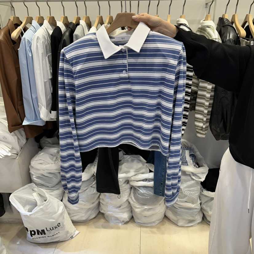 Q C韓國東大門直郵女裝新款休閑推薦人氣時尚長袖T恤條紋Republlc of qc長袖T恤