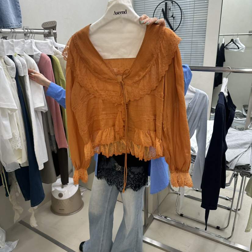 ASCEND韓國代購女士新款人氣時尚職業襯衫蕾絲衫荷葉邊開衫ASCEND襯衫/蕾絲衫