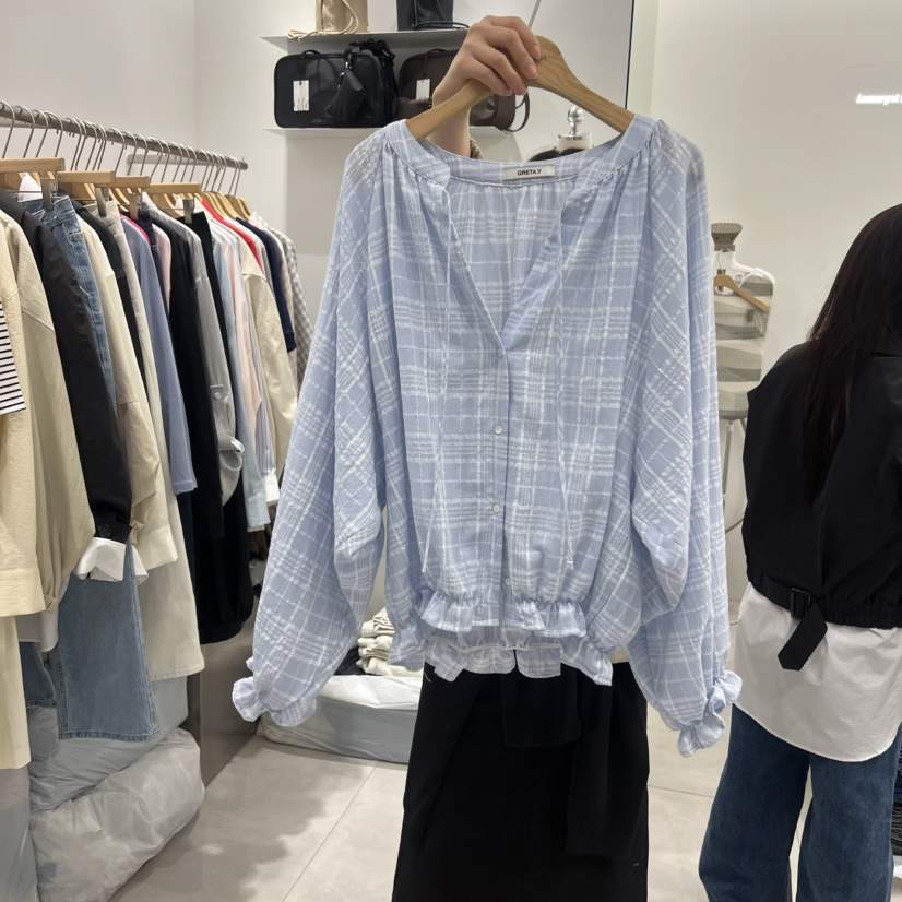 ANN MARGRET韓國直郵女士新款時尚襯衫蕾絲衫格紋GRETA.Y襯衫/蕾絲衫