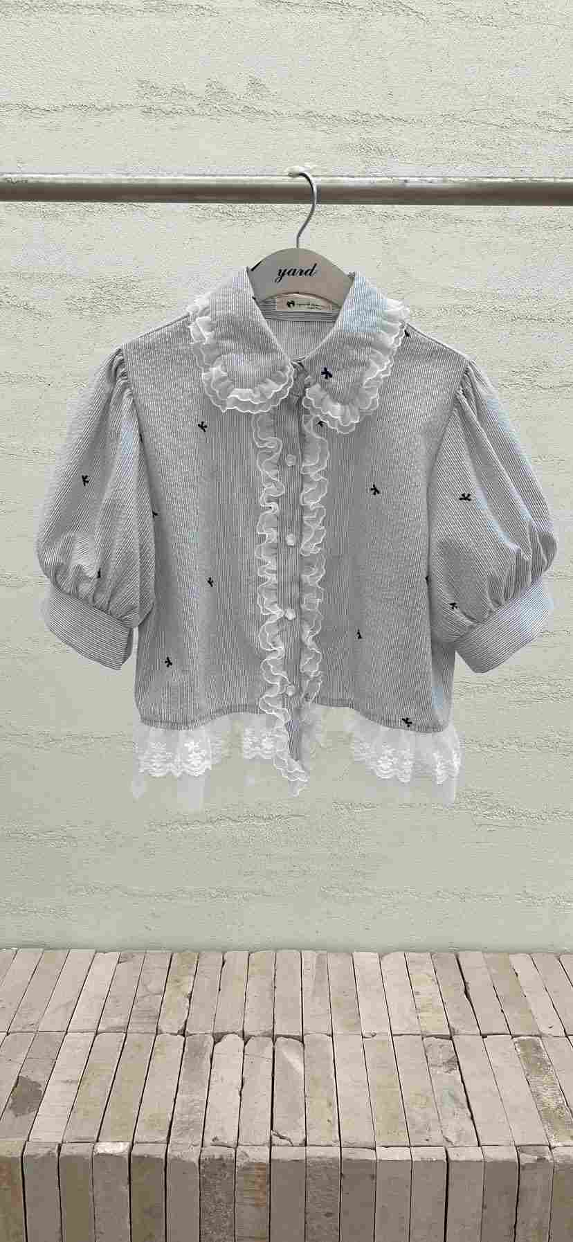 YARD韓國代購女裝新品26春夏推薦職業襯衫蕾絲衫刺繡條紋YARD襯衫/蕾絲衫