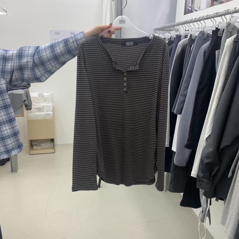 STAINLESS韓國直郵女裝新款時尚熱賣職業長袖T恤條紋紐扣STAINLESS長袖T恤
