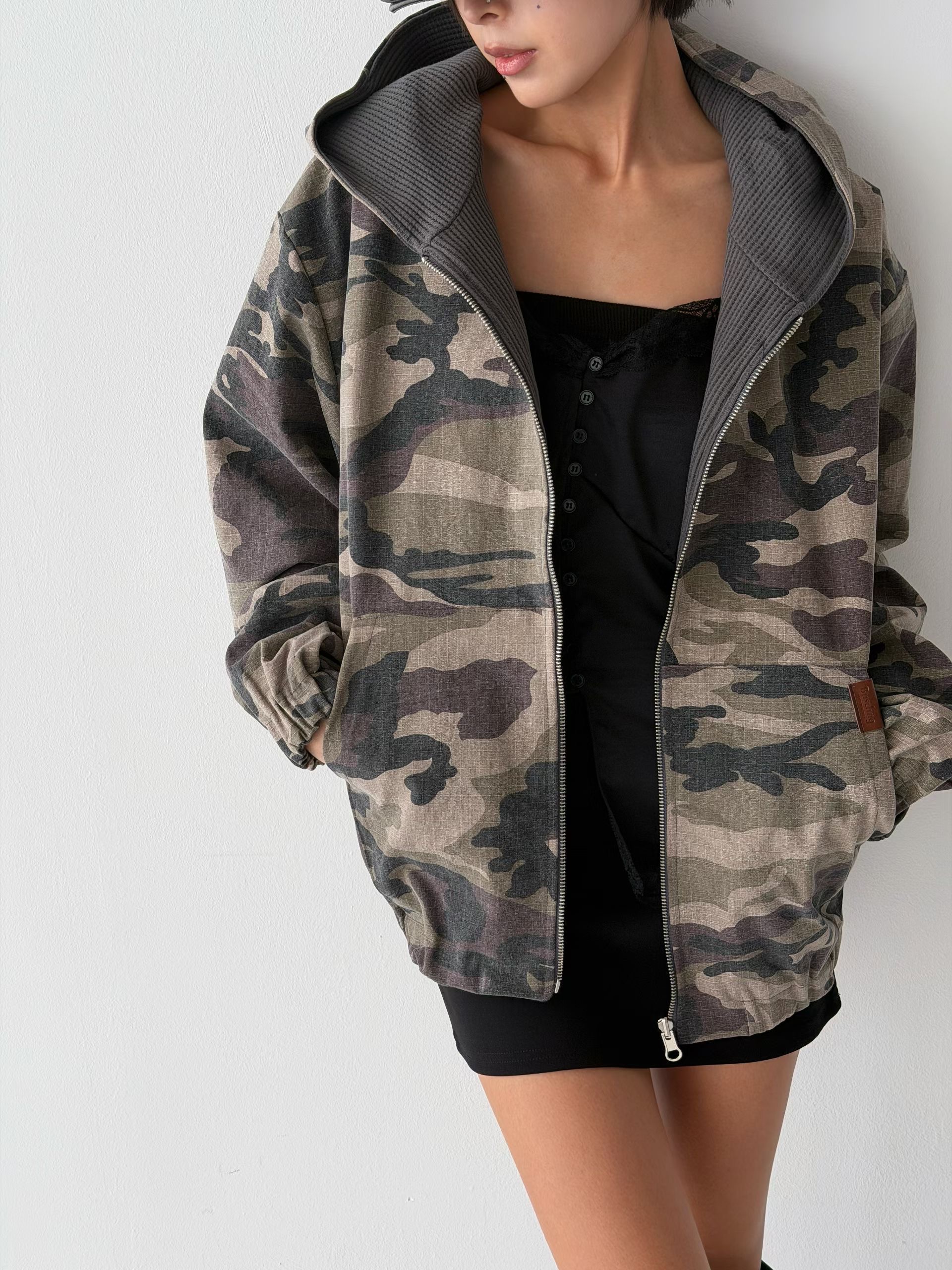 BUSTLING韓國東大門直郵女士新款休閑夾克兩面穿拉鏈迷彩雙面BUSTLING夾克