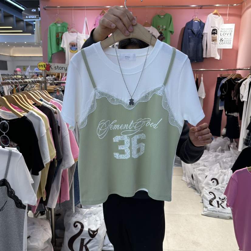 K STORY東大門實拍女士新款人氣休閑職業熱賣T恤假兩件蕾絲K STORYT恤