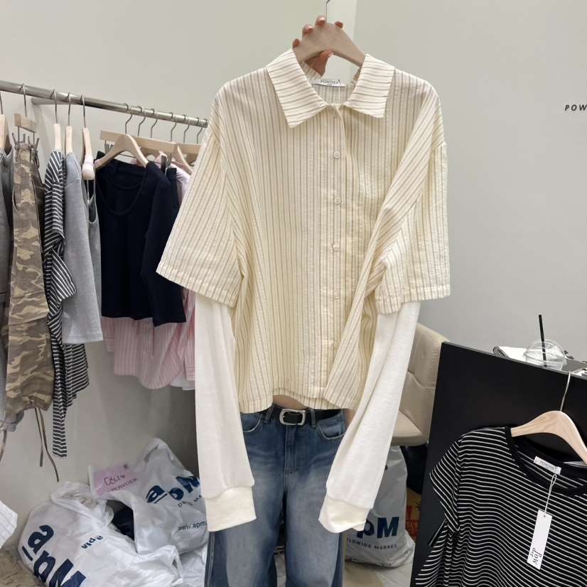 POWDER韓國直郵女士新款真品熱賣時尚人氣襯衫蕾絲衫華夫格POWDER襯衫/蕾絲衫