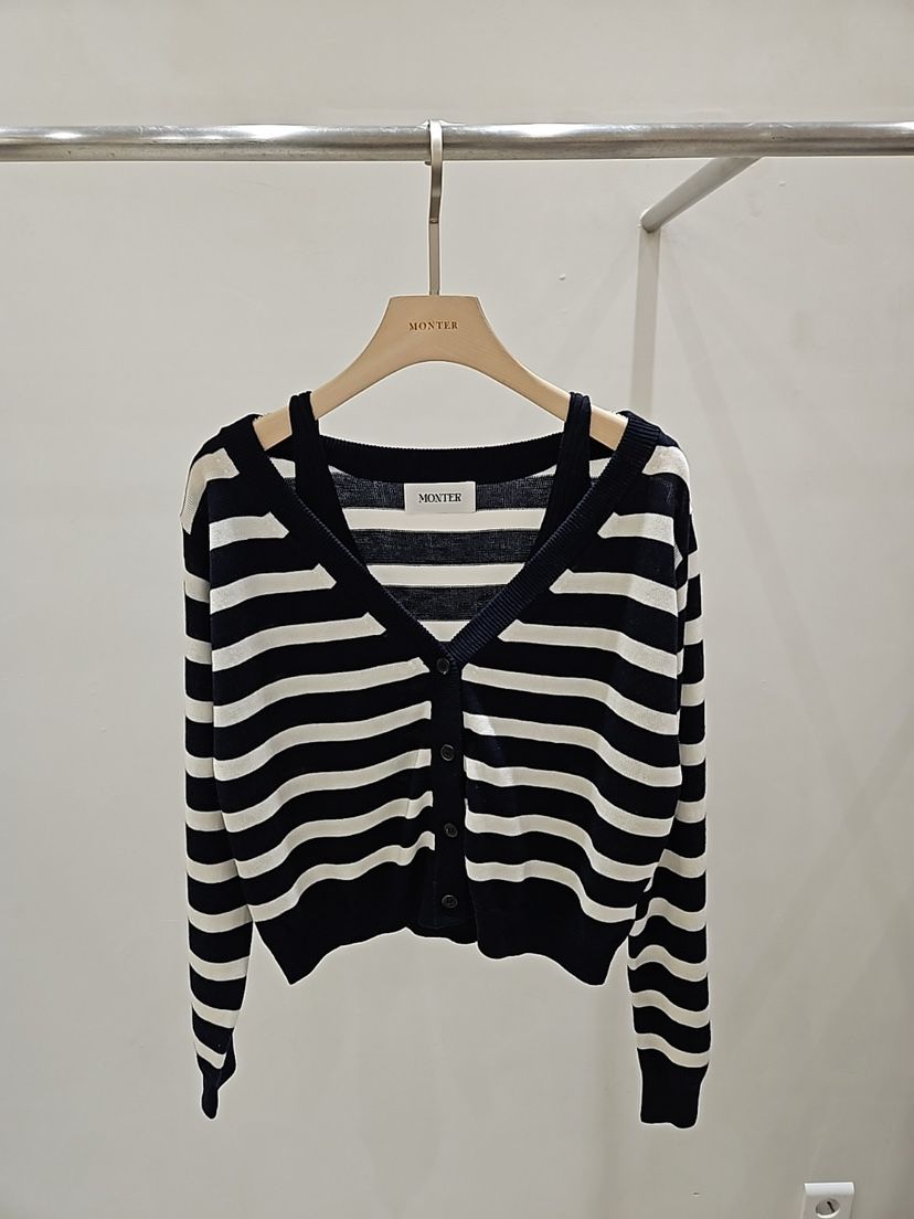 MONTER韓國直郵實拍女裝新品推薦休閑熱賣針織衫假兩件條紋MONTER針織衫