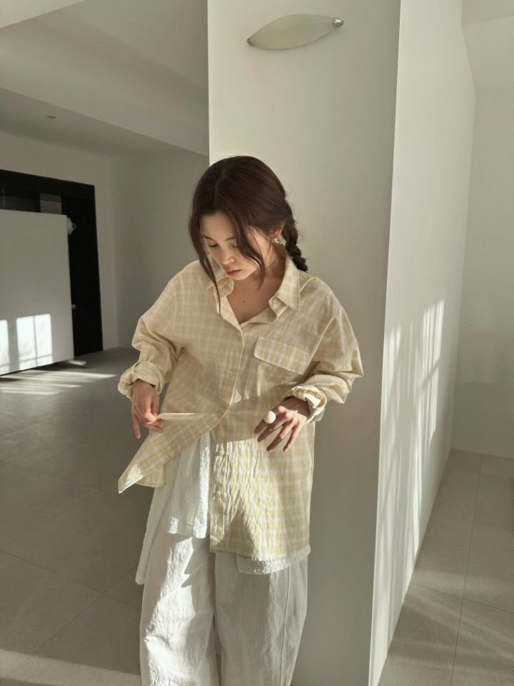 MARE韓國東大門直郵女士新款時尚推薦人氣襯衫蕾絲衫格子MARE襯衫/蕾絲衫