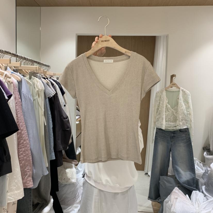 HOWFF韓國直郵女士新品時尚職業26春夏人氣休閑熱賣T恤V領HOWFFT恤