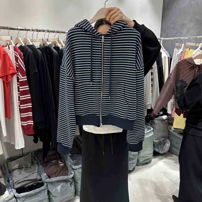 OPEN韓國代購女士新品熱賣職業時尚推薦夾克連帽衫拉鏈條紋OPEN夾克