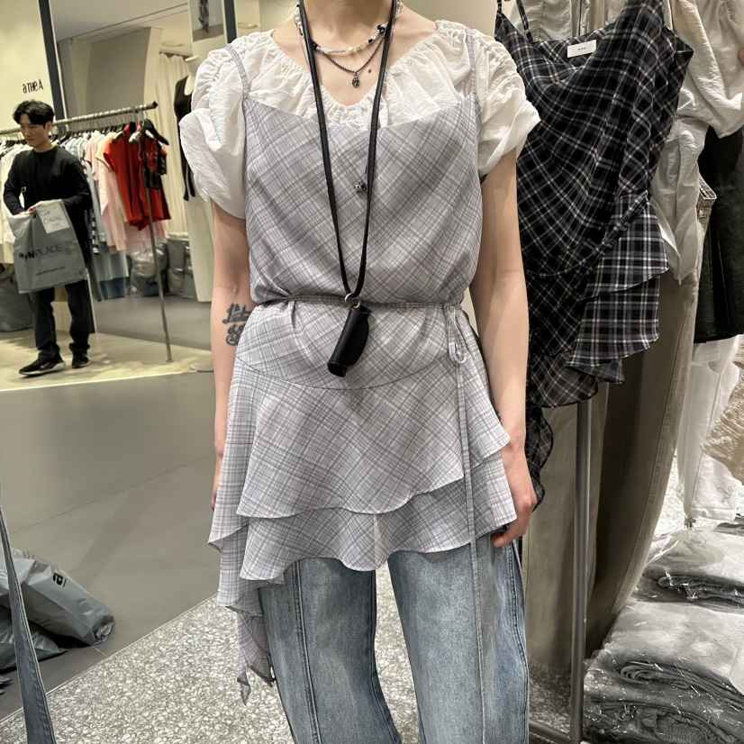 SOF韓國直郵女士新品休閑人氣26春夏連衣裙不含飾品格子雪紡SOF連衣裙