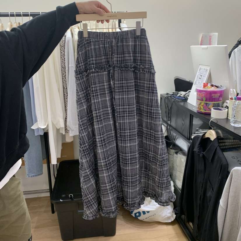 SPAGHETTI韓國代購女裝新品時尚職業人氣熱賣長裙荷葉邊格子spaghetti長裙