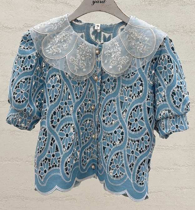 YARD韓國代購女士新款熱賣26春夏職業襯衫蕾絲衫刺繡雙領YARD襯衫/蕾絲衫