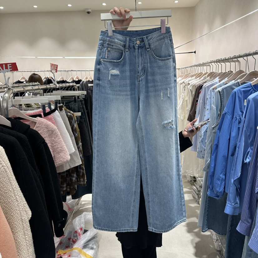 Color B韓國代購女裝新品推薦休閑熱賣人氣職業牛仔褲破洞Color B牛仔褲