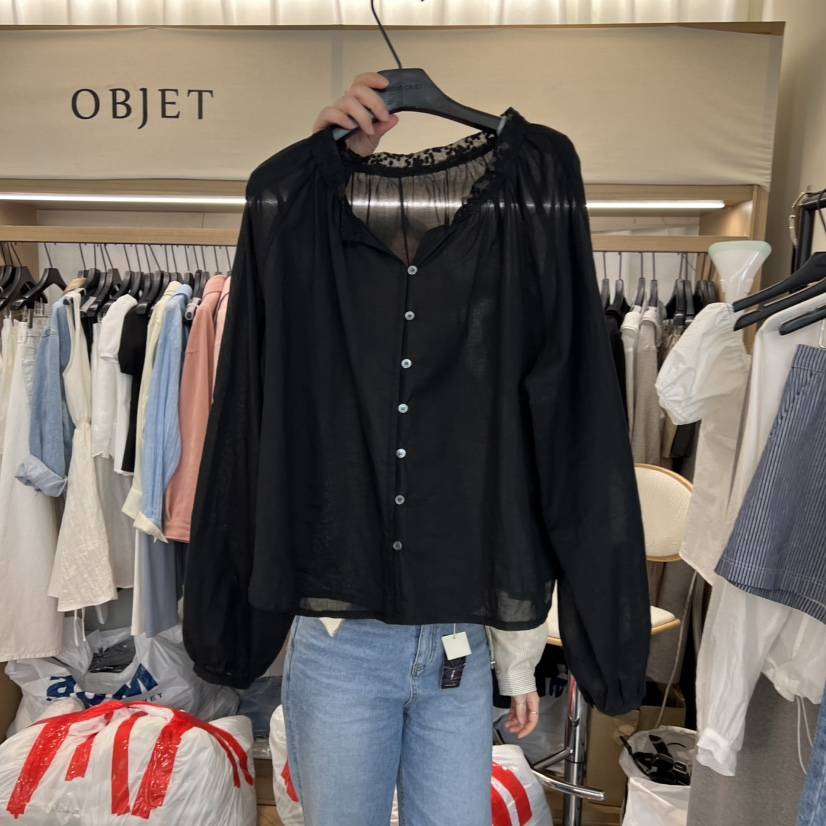 OBJET/LOVEUSU韓國東大門直郵女士新品休閑襯衫蕾絲衫蕾絲OBJET/LOVEUSU襯衫/蕾絲衫