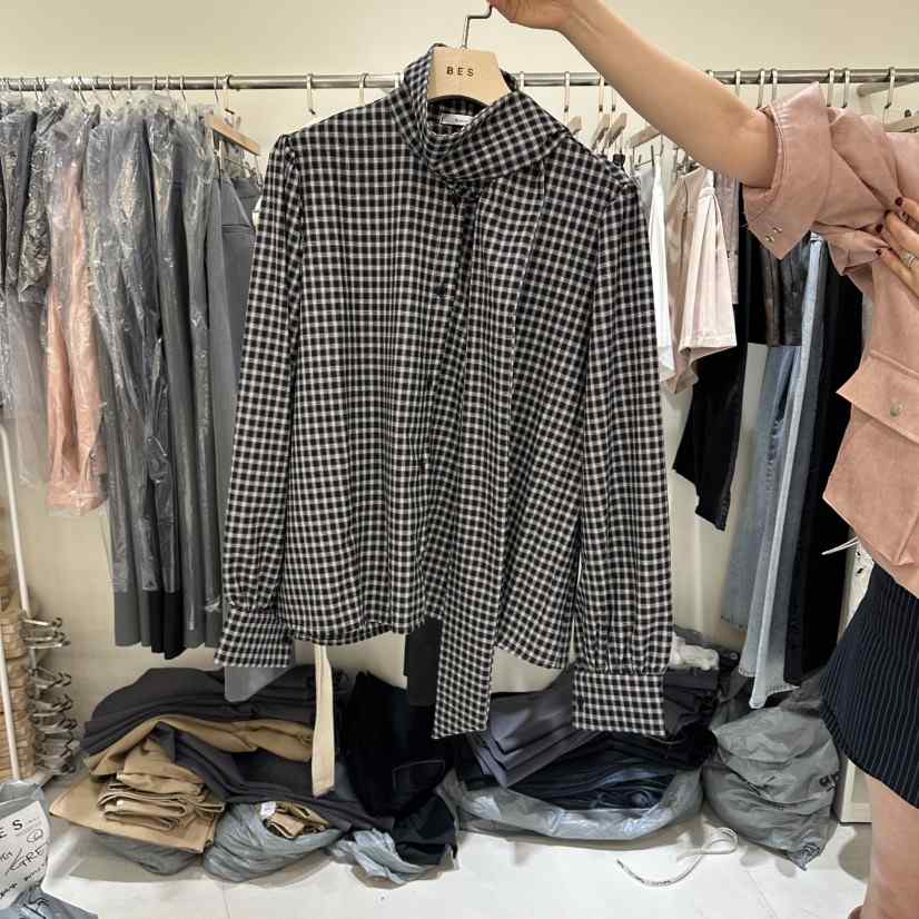 BES韓國東大門代購女士新品休閑推薦熱賣襯衫蕾絲衫格子喇叭BES SEOUL襯衫/蕾絲衫