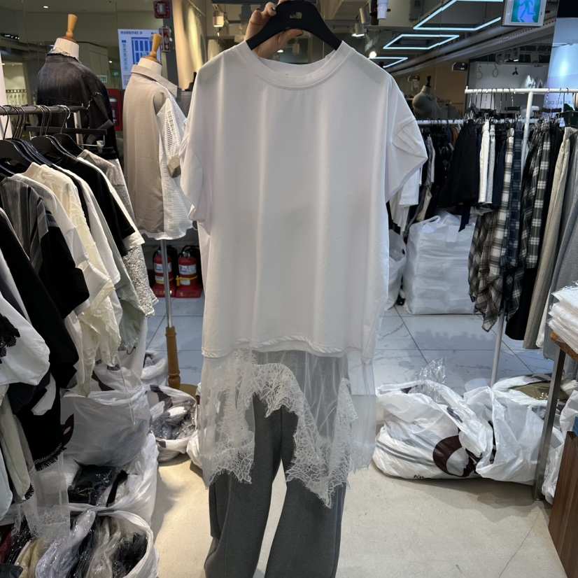 空韓國直郵女裝新品熱賣人氣時尚休閑26春夏職業推薦T恤蕾絲空T恤