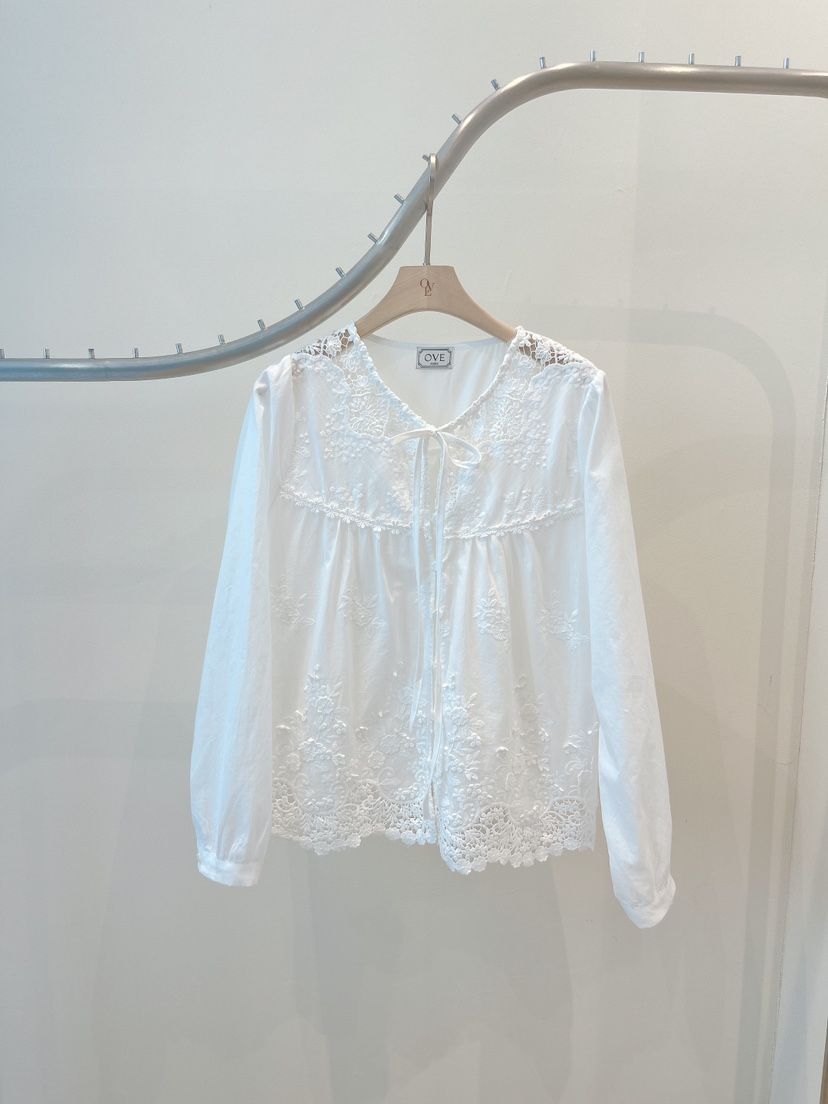 OVE韓國東大門代購女士新款休閑26春夏職業襯衫蕾絲衫刺繡OVE襯衫/蕾絲衫