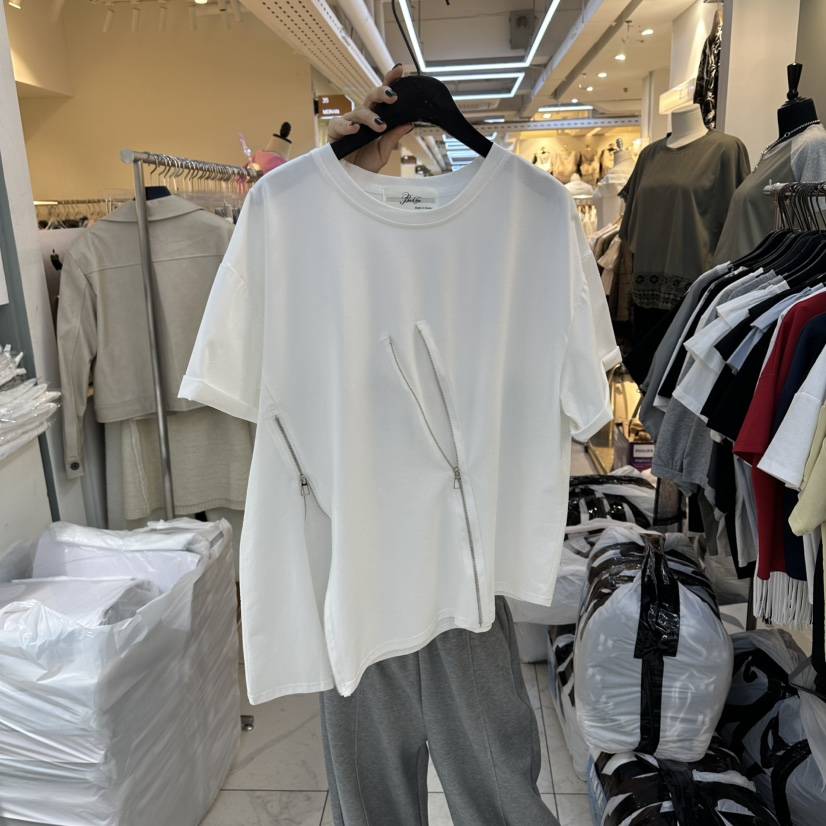 空韓國代購女士新款職業熱賣人氣推薦時尚26春夏休閑T恤拉鏈空T恤