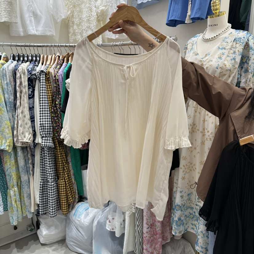 BIKINI韓國直郵女士新款職業熱賣休閑襯衫蕾絲衫雪紡褶皺BIKINI襯衫/蕾絲衫