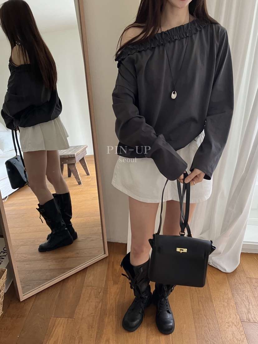 PIN-UP韓國代購女裝新款26春夏職業人氣推薦長袖T恤荷葉邊PIN-UP長袖T恤