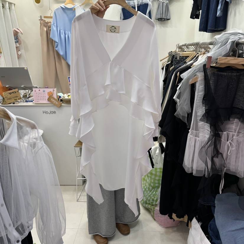 HOJAE韓國代購女裝新品熱賣人氣時尚長袖T恤不對稱荷葉邊MID-LEVEL JUMP長袖T恤