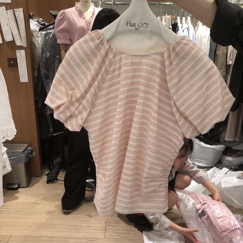 OGI韓國東大門代購女裝新款26春夏時尚職業襯衫蕾絲衫條紋FLat OGI襯衫/蕾絲衫