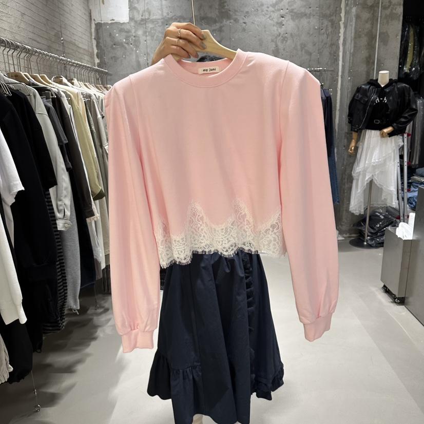 JUNI韓國直郵實拍女士新款人氣休閑推薦長袖T恤泡泡袖蕾絲my juni長袖T恤