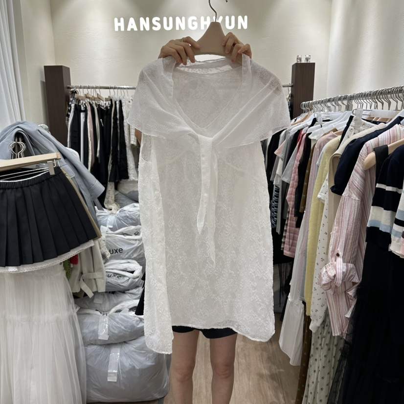 HANSUNGHYUN韓國東大門直郵女士新品休閑連衣裙含圍巾套裝透視HANSUNGHYUN連衣裙