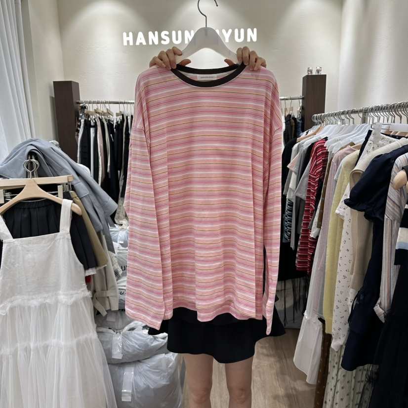 HANSUNGHYUN韓國代購女裝新款休閑職業時尚長袖T恤寬松條紋HANSUNGHYUN長袖T恤