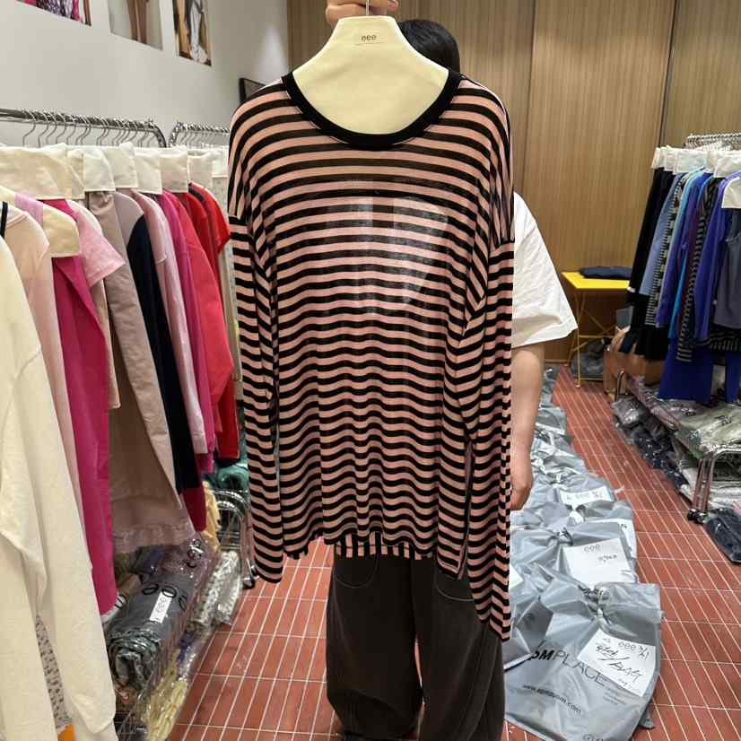 EEE韓國直郵女裝新款休閑推薦熱賣時尚26春夏長袖T恤條紋羅紋EEE長袖T恤