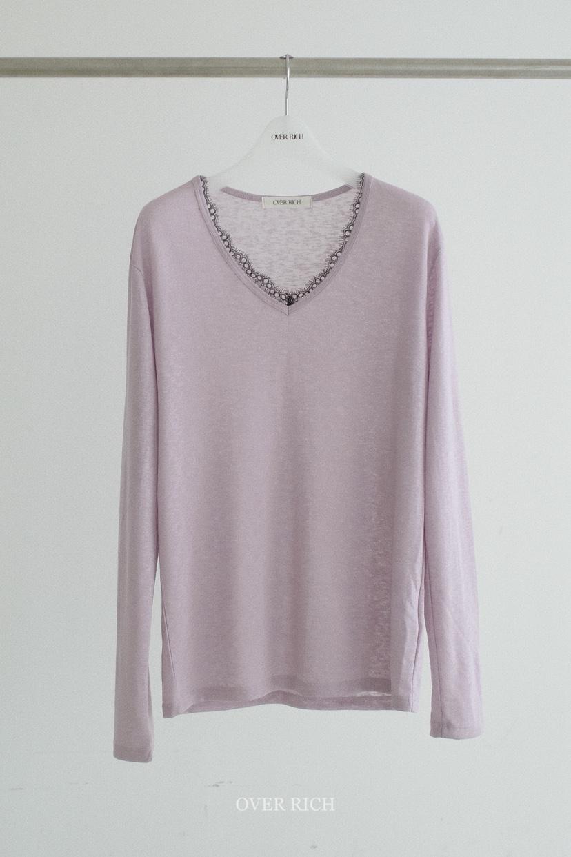 OVER RICH韓國東大門代購女士新款人氣26春夏長袖T恤V領蕾絲OVER RICH長袖T恤