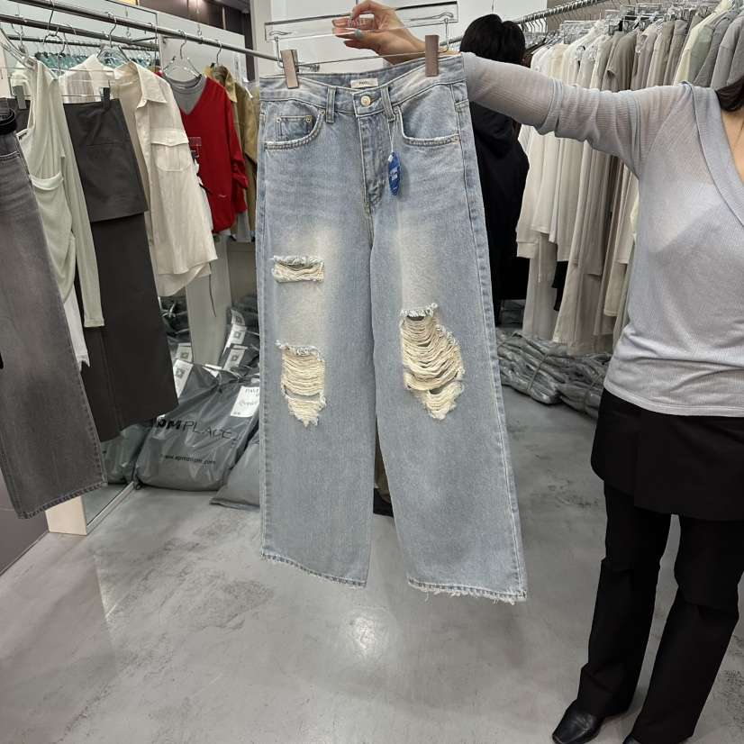 PAVEL韓國直郵實拍女裝新款26春夏時尚熱賣休閑牛仔褲破洞PAVEL牛仔褲