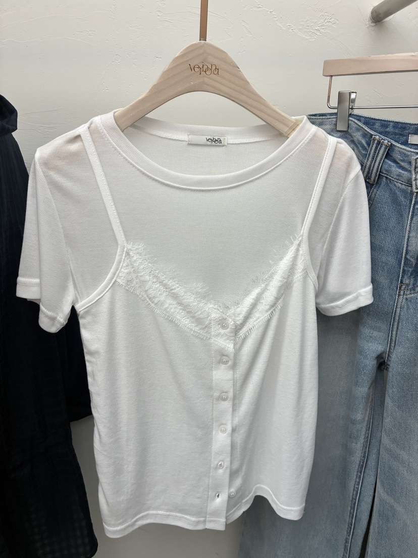 Verbena韓國代購女士新款熱賣職業推薦T恤假兩件天絲蕾絲VerbenaT恤