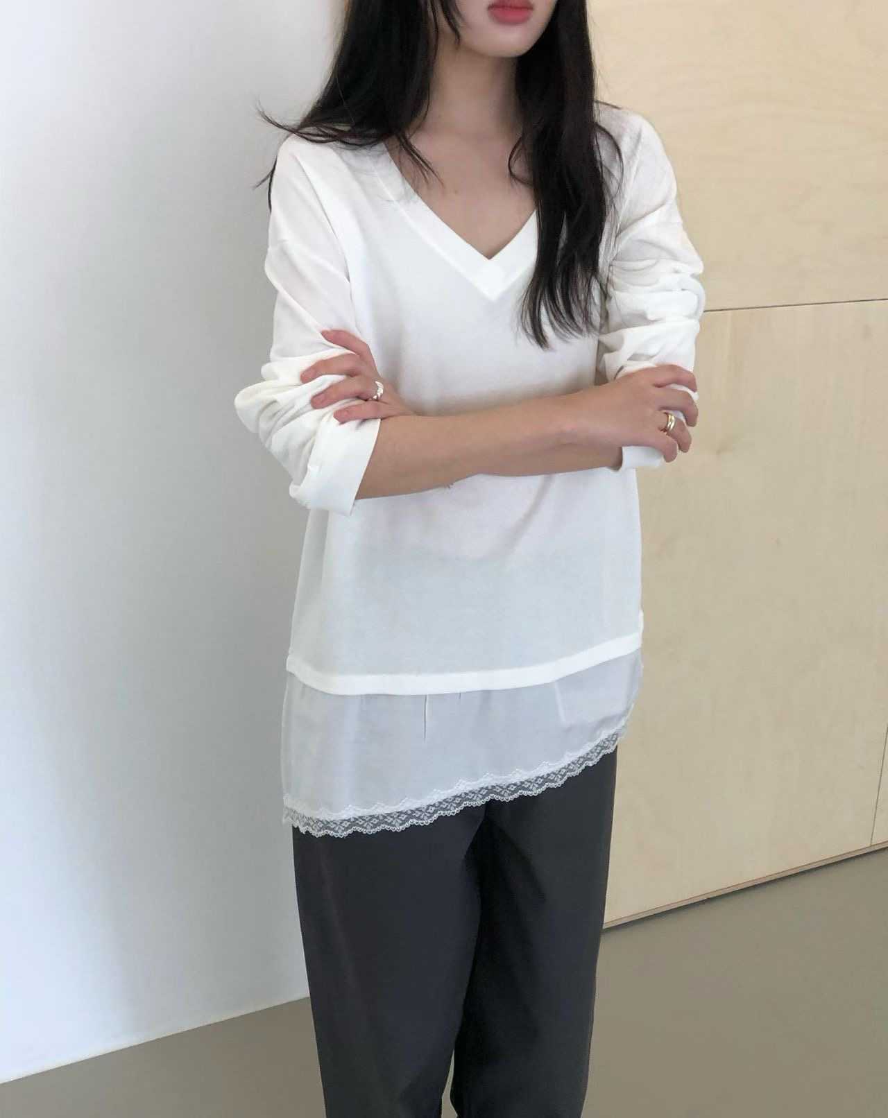 WEATHER韓國代購女裝新款熱賣休閑職業衛衣不含內搭V領蕾絲GOBSLMURI-ot衛衣