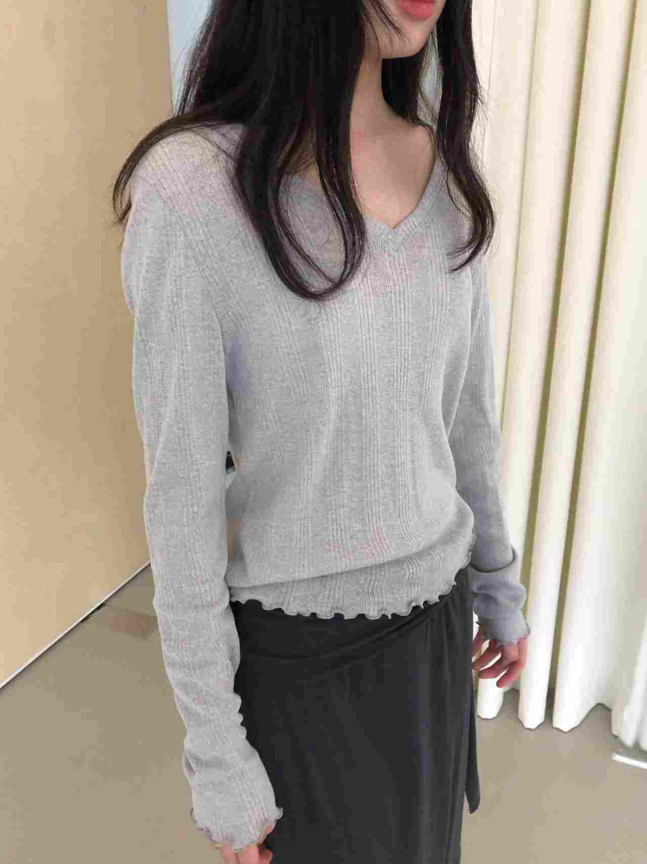 WEATHER東大門實拍女裝新款真品時尚人氣長袖T恤V領透明羅紋GOBSLMURI-ot長袖T恤