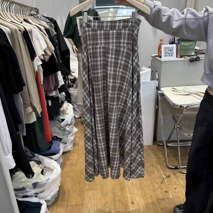 THE MOST-Q韓國直郵女士新品休閑熱賣推薦長裙格子雪紡THE MOST長裙