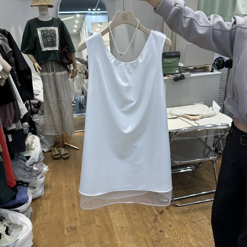 THE MOST-Q東大門實拍女士新款時尚吊帶背心不含項鏈歐根紗褶皺THE MOST吊帶/背心