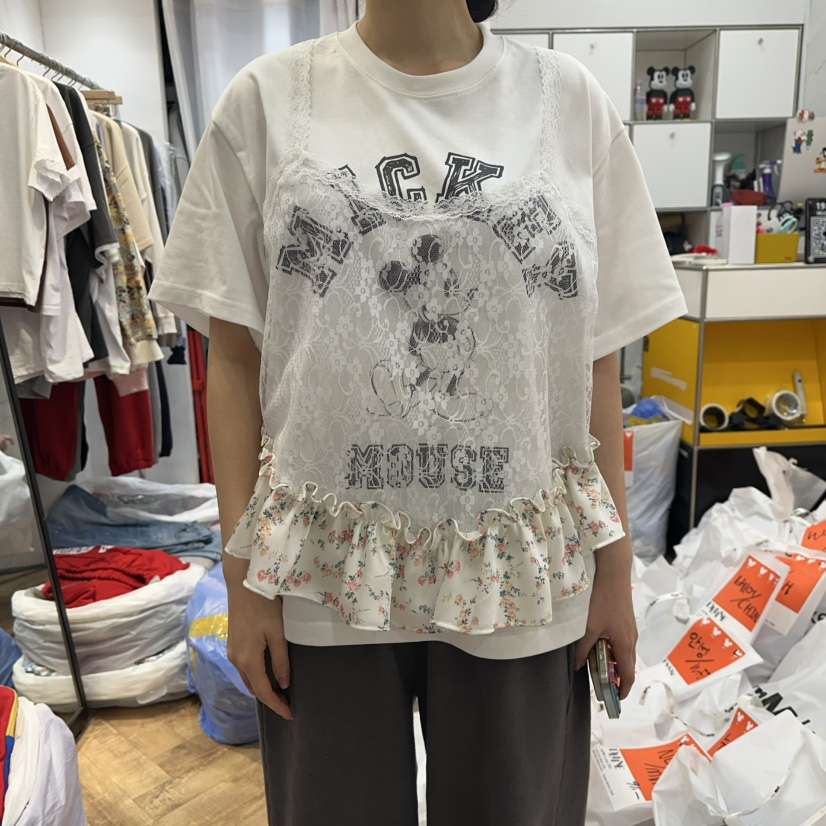 DE LINE韓國代購女裝新款推薦職業時尚休閑T恤假兩件花朵DE LINET恤