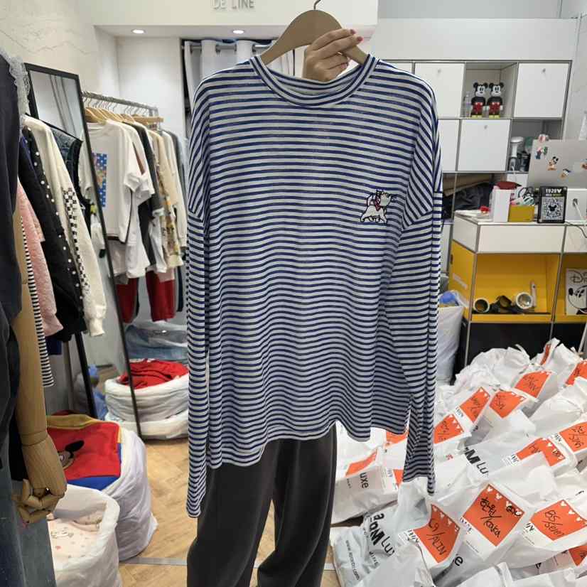 DE LINE韓國直郵實拍女裝新品推薦26春夏長袖T恤亞麻條紋DE LINE長袖T恤